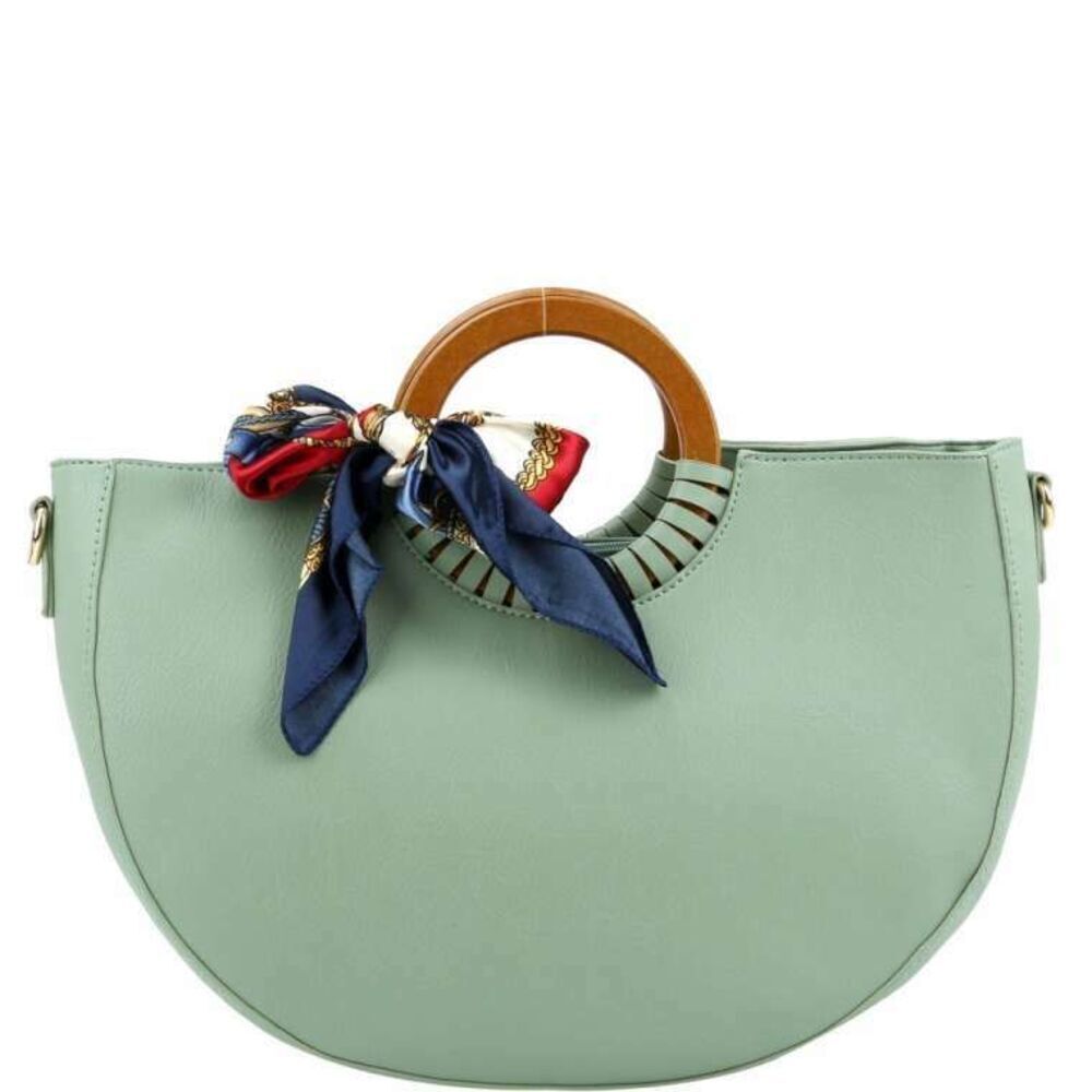2-Way Scarf Accent Wooden Top Handle  Handbag  Casual Women Satchel  Travel